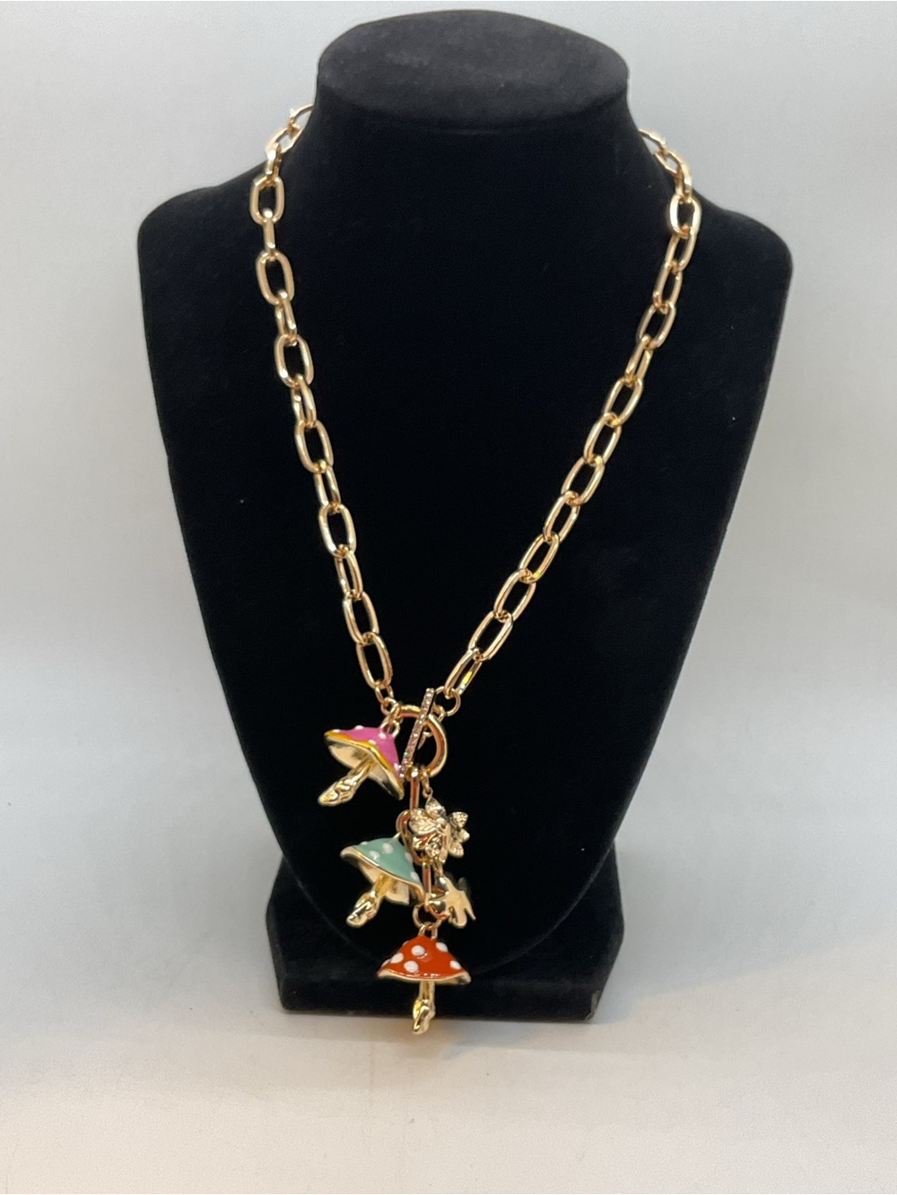 Bella Jack? Gold Tone Chain Necklace with Multicolor Enamel Mushroom Charms